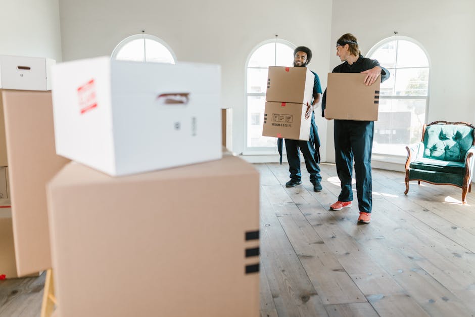 A man with dark curly hair and a beard, wearing a blue T-shirt and black work pants, stands upright next to a stack of three large cardboard moving boxes inside a room with a weathered white wall. The top box has a label indicating it contains glass items, while the middle box is marked as medium size with a capacity of 3 cubic feet. The boxes are placed on a polished wooden floor, and the man has his hands lightly clasped in front of him, looking slightly to the right. To his left, there is a tall green houseplant with broad leaves situated on a white shelf, and to his right, a small potted plant with thinner leaves on a stool. The environment suggests a home relocation setting, where packing materials and furniture are prepared for transport, reflecting the services of [COMPANY_NAME] in furniture transport and moving logistics, with a natural light source highlighting the indoor space. This visual captures the process of packing or organizing household items for a house removal in North Woolwich. 