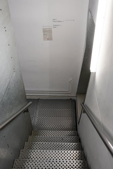 View from the top of a staircase inside a home shows a young woman with dark hair carrying a medium-sized cardboard box, likely for a house move, as part of a home relocation process. A young boy in a yellow checked shirt is standing on the staircase holding a potted plant with broad green leaves, possibly being moved to a new location. The staircase is carpeted in dark grey or black, with a black metal handrail and a white wall on the side. Near the top of the stairs, a wall-mounted light fixture is visible, casting a warm glow. A window with black framing lets in natural light, illuminating the scene. The setting indicates an interior preparation or packing phase of a furniture transport or house removal, with the focus on moving various household items such as a plant and cardboard boxes, assisted by [COMPANY_NAME], a professional removals service.